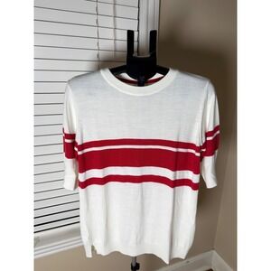 Mer Sea Women XL Short Sleeve Sweater Cream Red Striped Crew Neck Knit Top